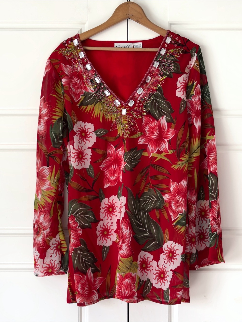Vintage Sante Tropical Floral Tunic Top Womens L Red Beads Sequins Embroidered